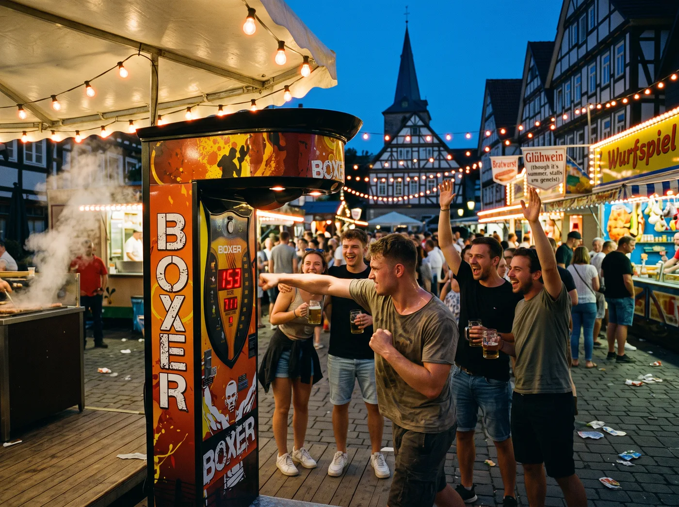 Boxautomat Premium — Stadtfest am Abend
